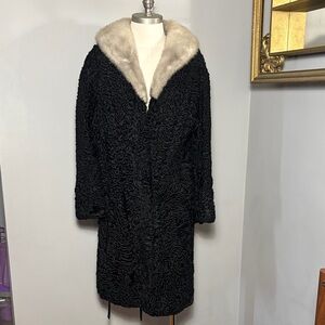 VINTAGE Black Persian Curly Lamb Fur Coat Cream Mink Collar Evans Furs Crowley’s